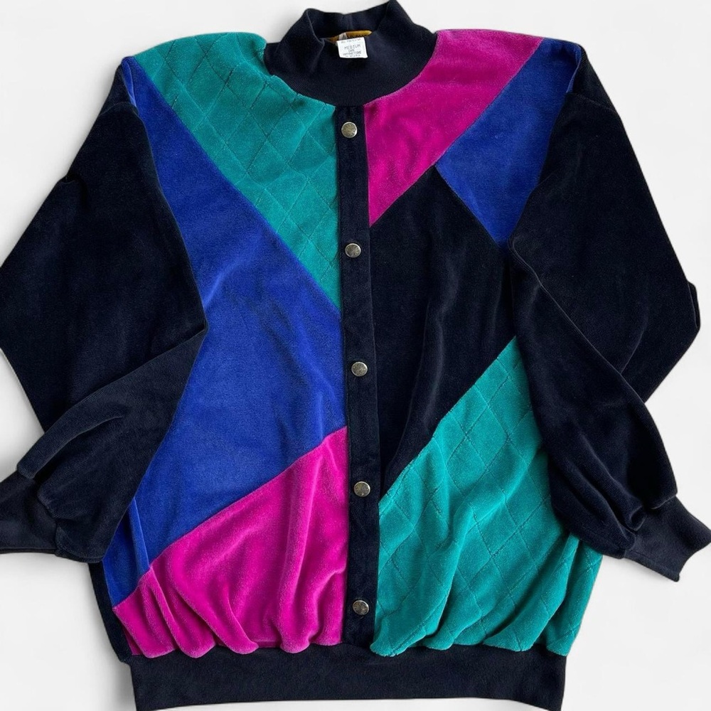Vintage Moonstruck Mockneck Pullover Velour Sweater Multicolored Patchwork